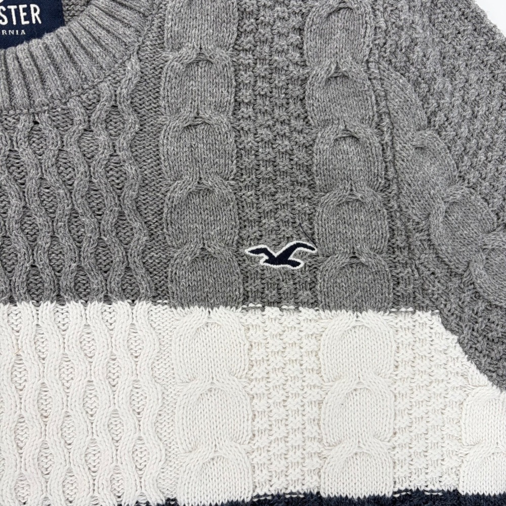 Hollister Sweater Cable Knit Colorblock Grey White Navy Preppy Small Cozy Comfy - Picture 4 of 8